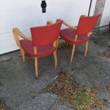 Pair old armchairs bridge skaï red chair