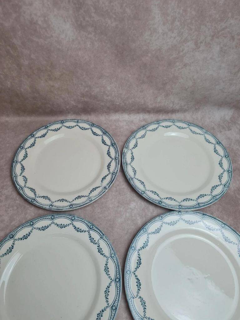 Set of 12 antique Salins "Petit Trianon" blue ironstone dinner plates.