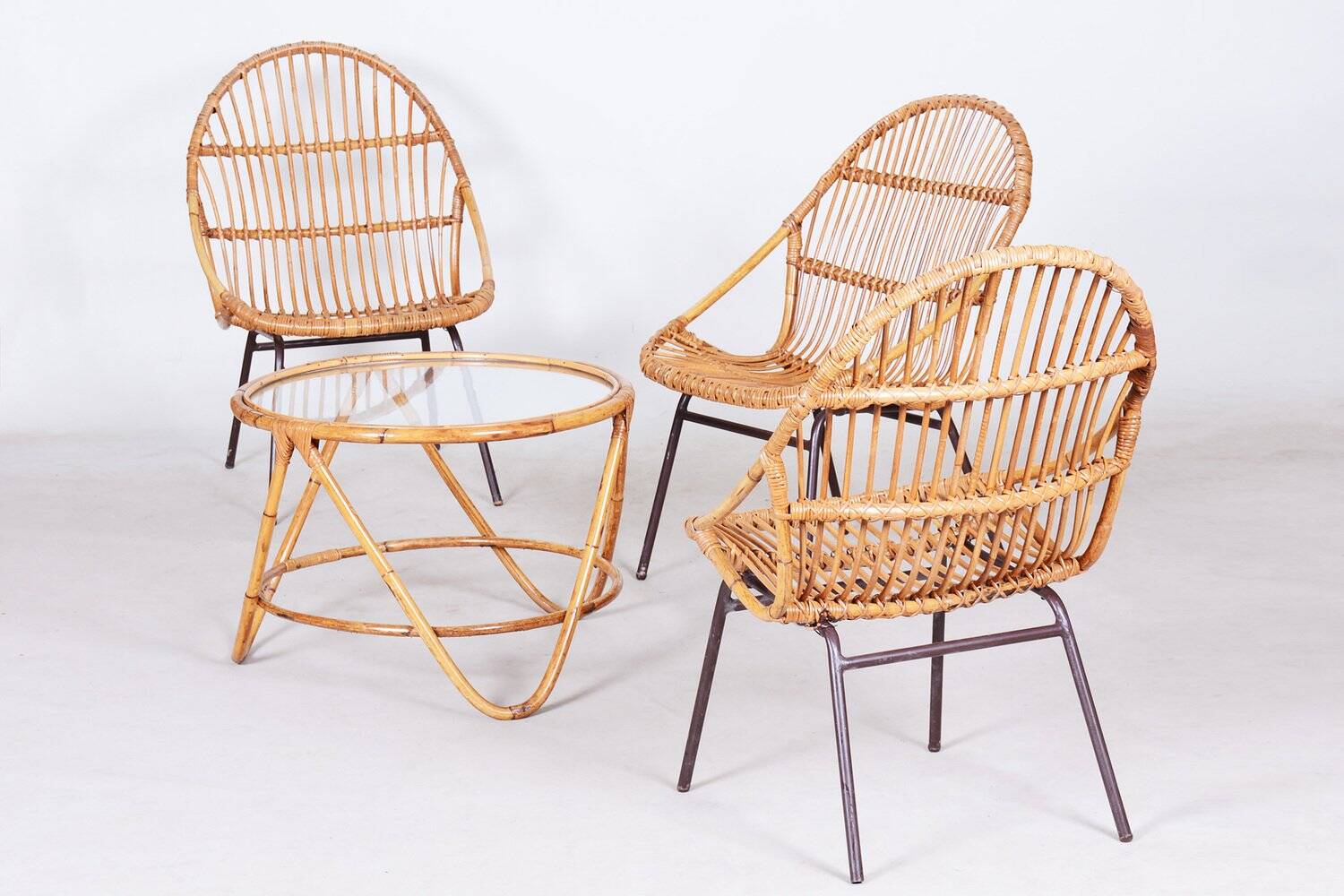Art Deco Seating Set in Rattan & Steel attributed to Alan Fuchs, 1940s, Set of 4