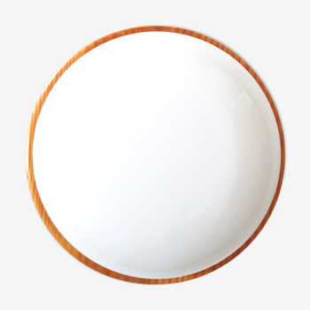 Plafonnier applique ronde, socle en pin, verre blanc opaque, années 70