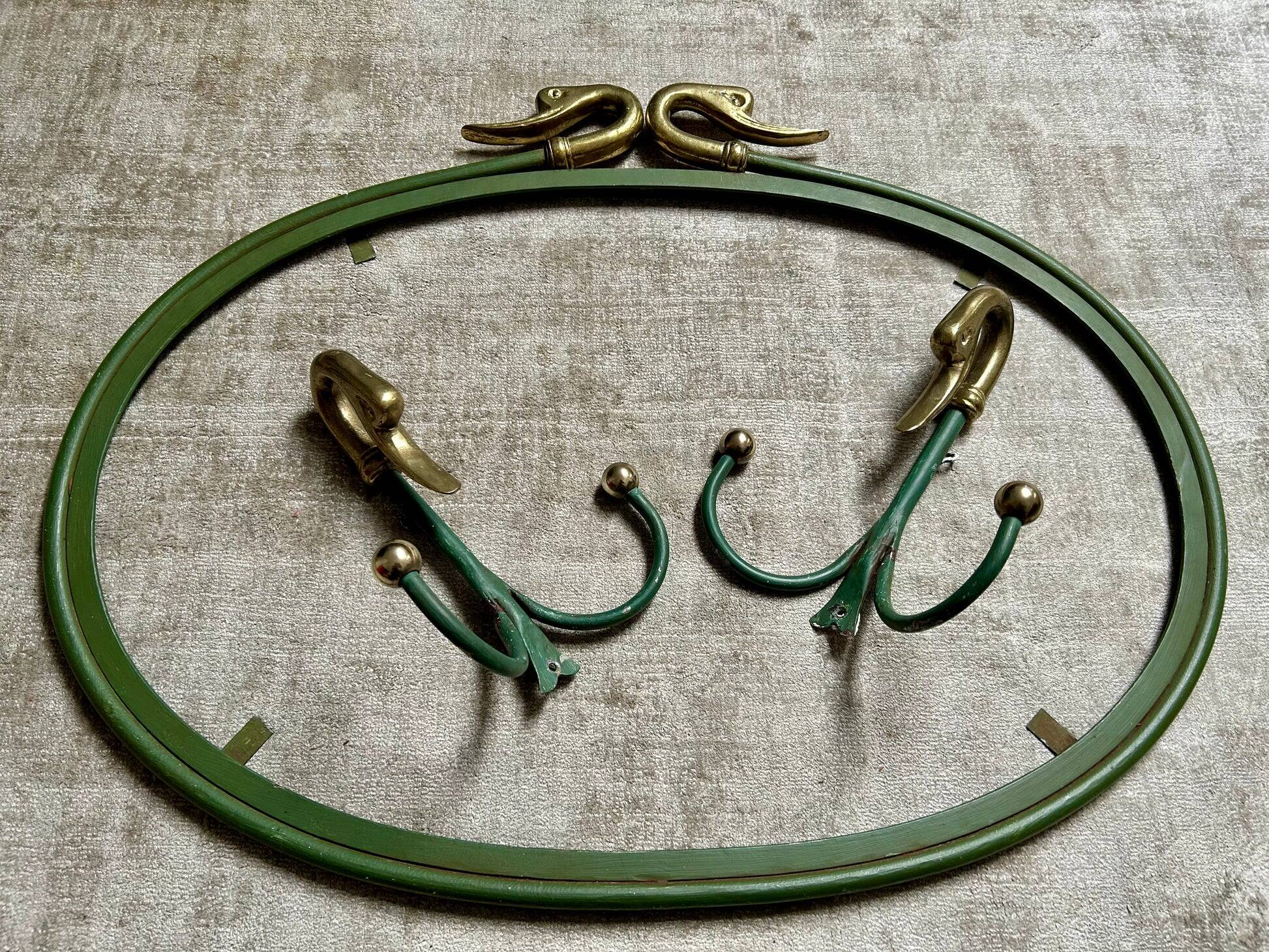 Rare set of swan neck coat hooks with mirror frame attributed to Maison Jansen, France, 1950s.