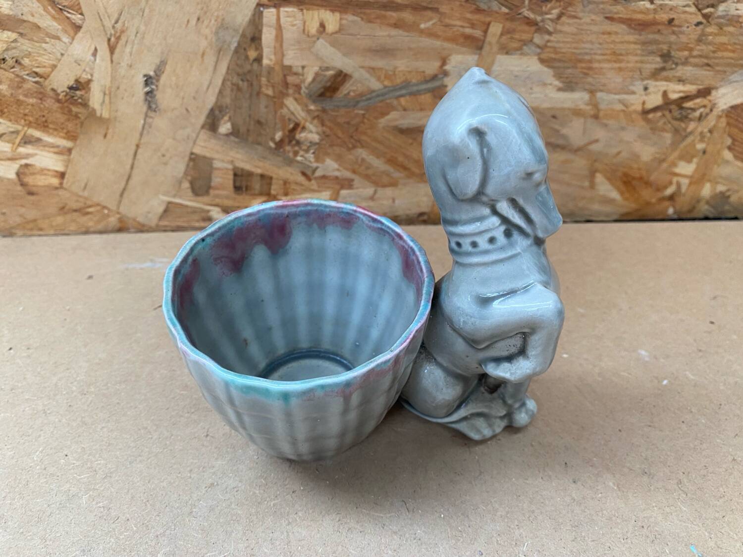 Old grey ceramic greyhound decor pot vintage