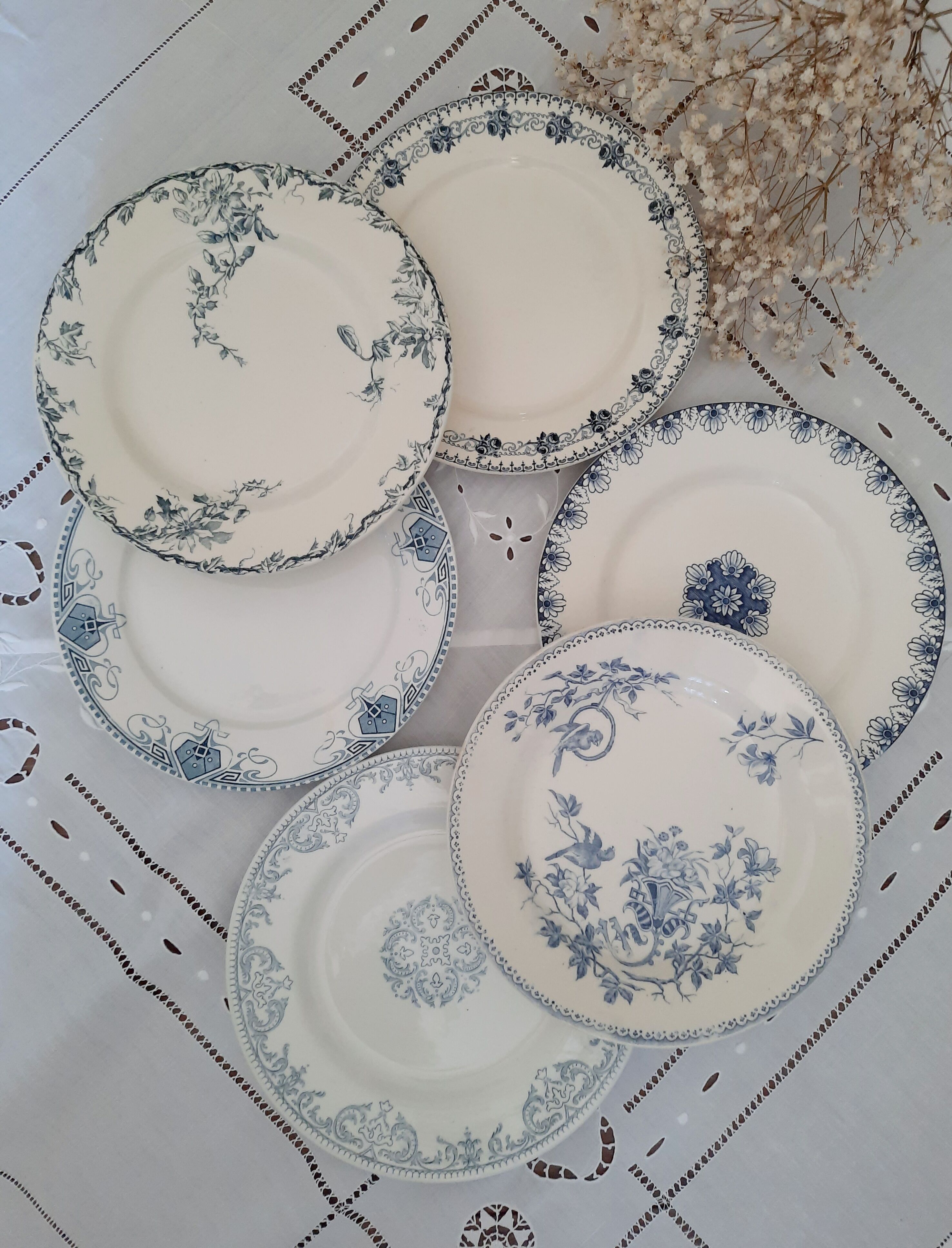 6 old flat plates mismatched iron earth