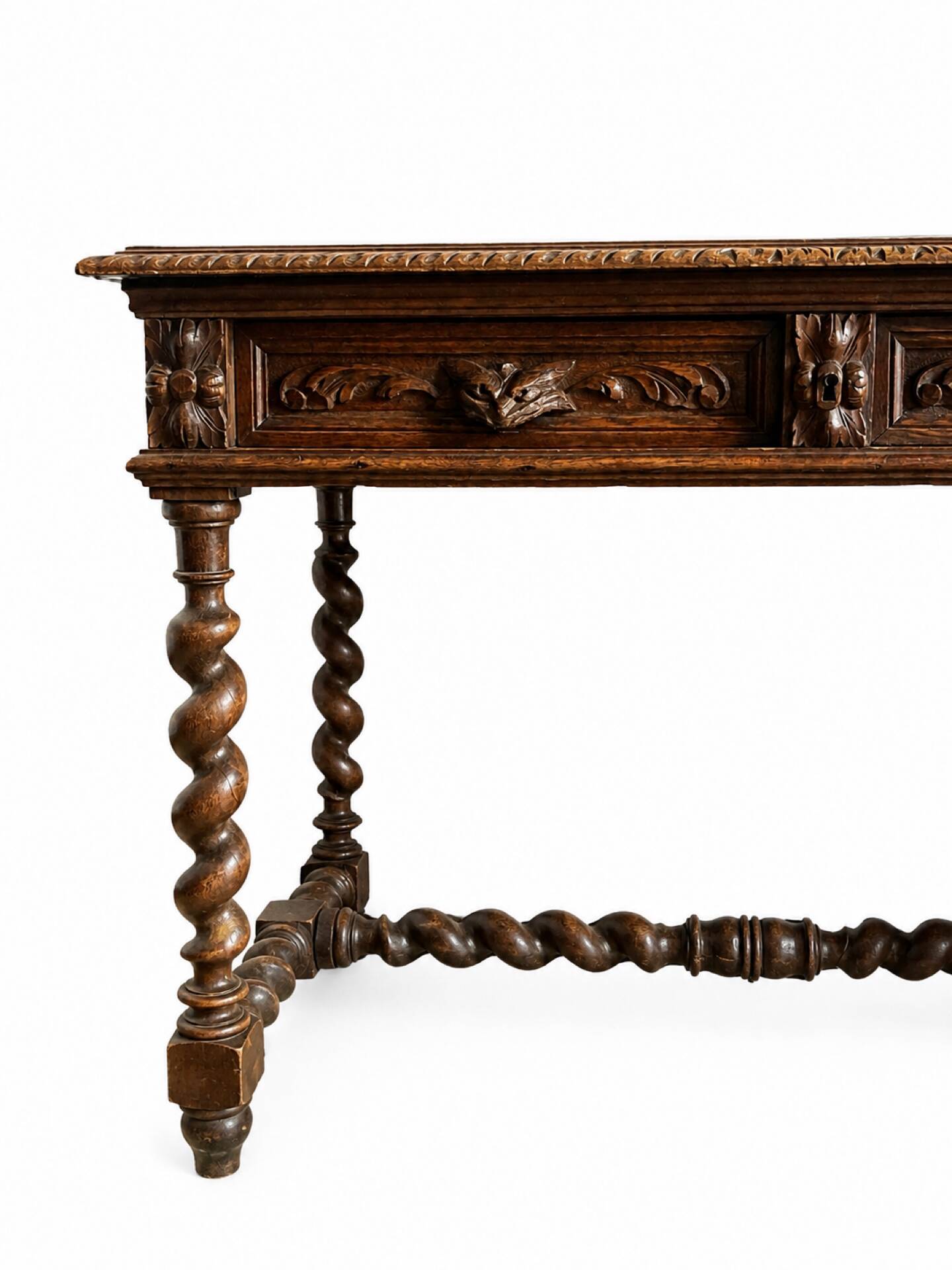 Louis XIII style desk in solid oak with twisted legs.
