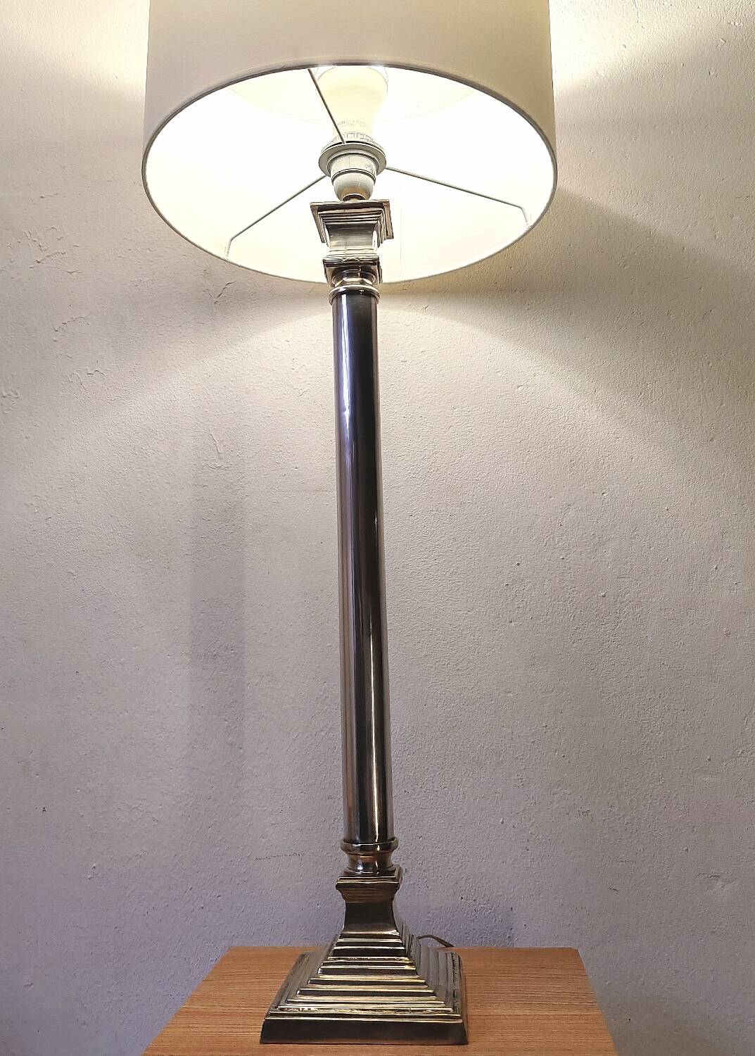 Large silver metal empire style column lamp