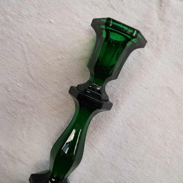 Pair of glass candle holders, pink and green