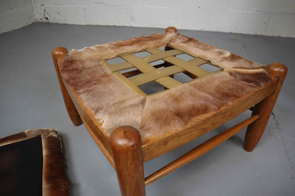 Brutalist oak lounge chair and ottoman