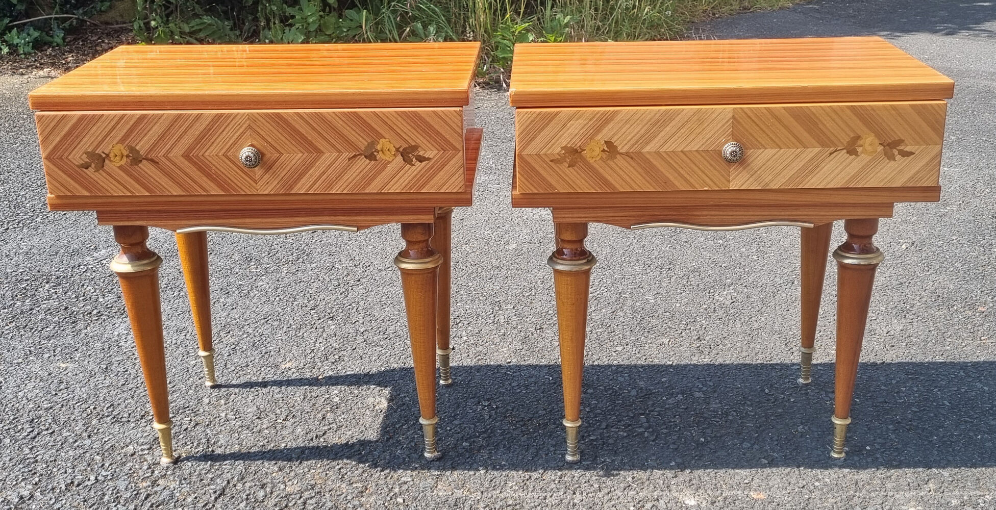 Paire de tables de nuit, vintage, années 50 / 60, marqueterie