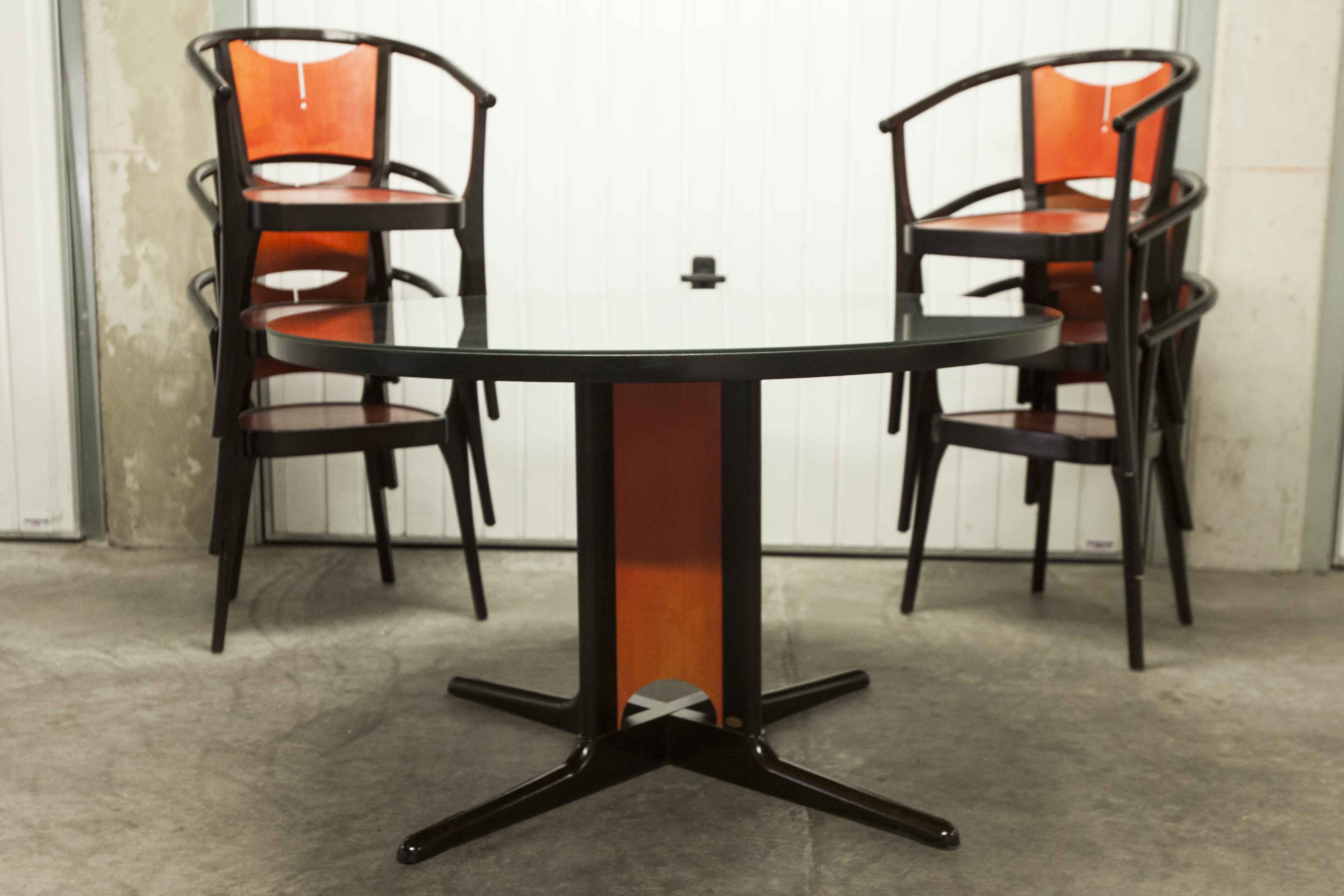 Table and 6 armchairs Baumann Diese, design Pagnon Pelhaître, Wenge color and red,