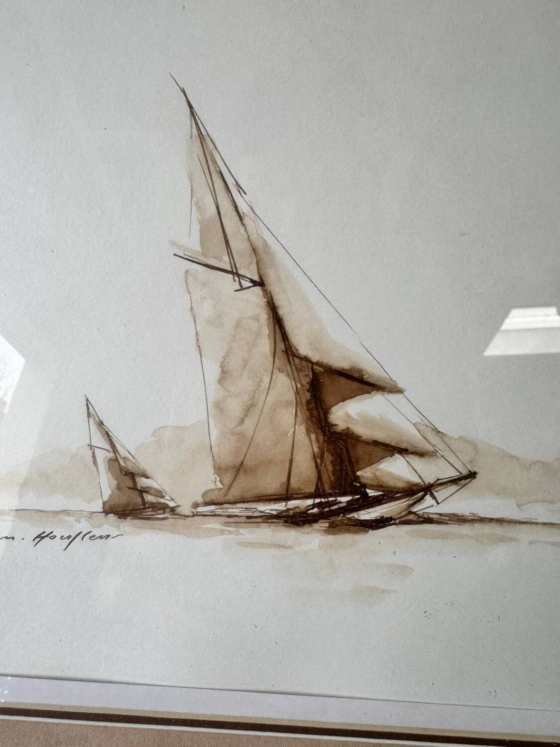 Marine watercolor of Honfleur by Francis Kuhlen, mid-20th century