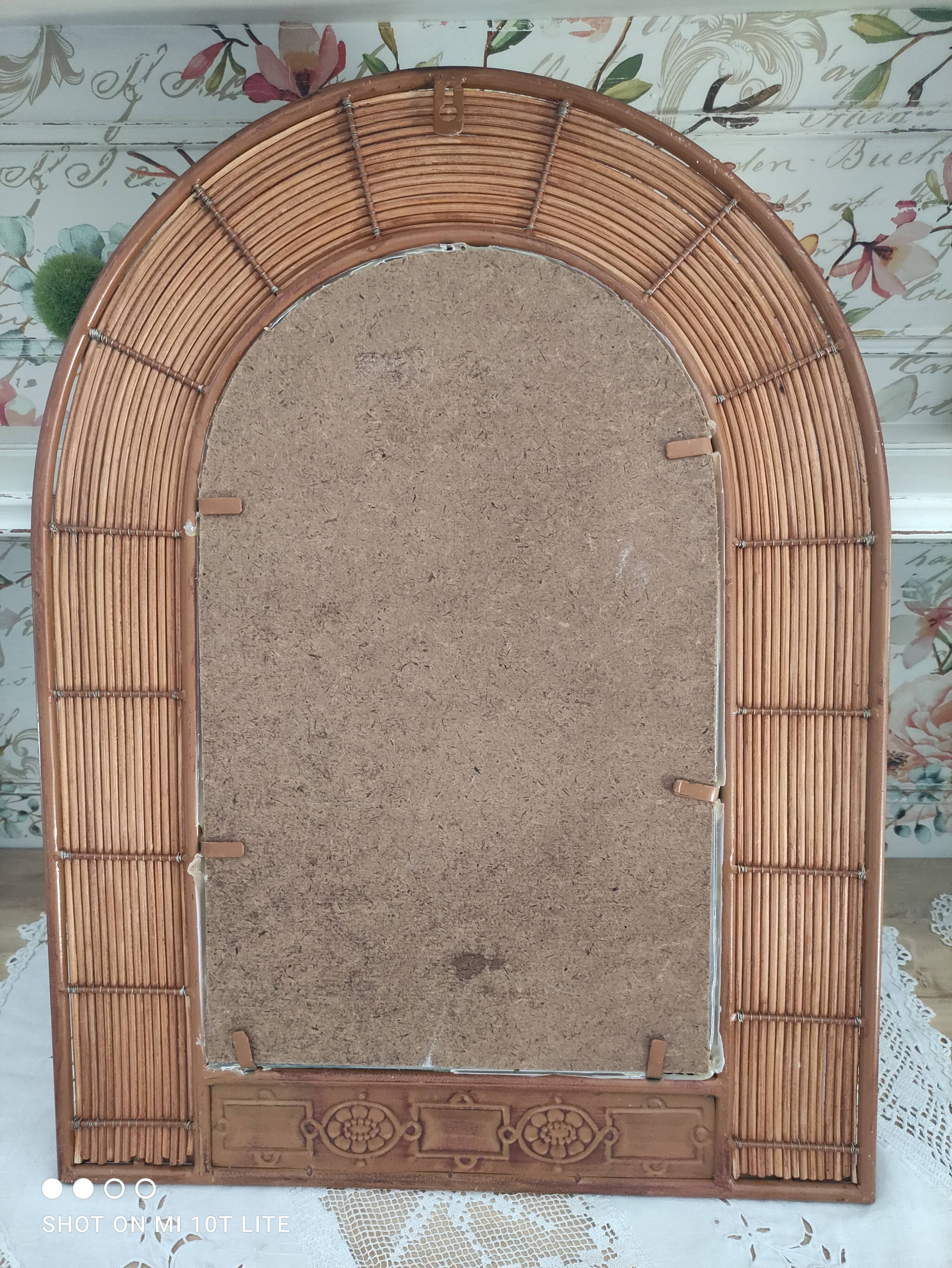 Vintage rattan arch mirror medium honey burnt leaf and metal decoration
