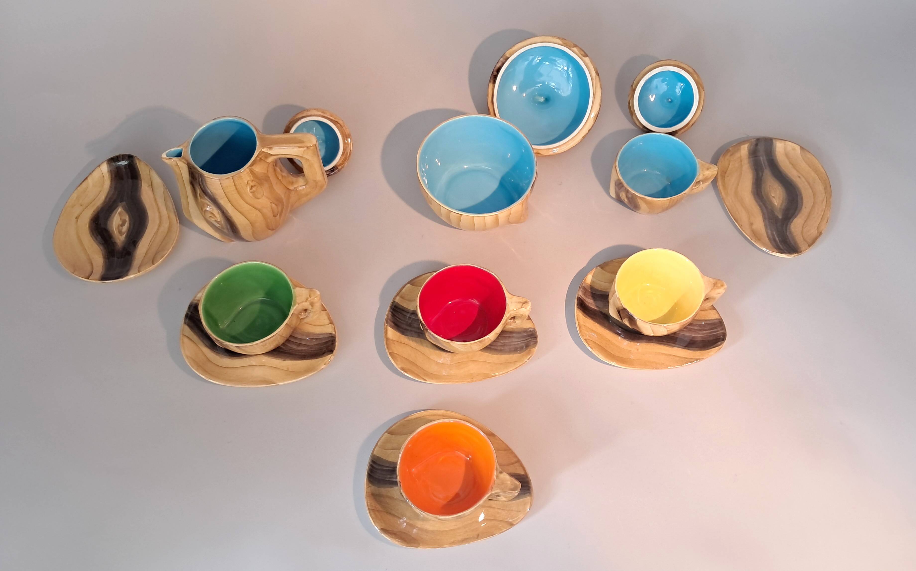 13-piece coffee service in faux wood Granjean Vallauris 1960.