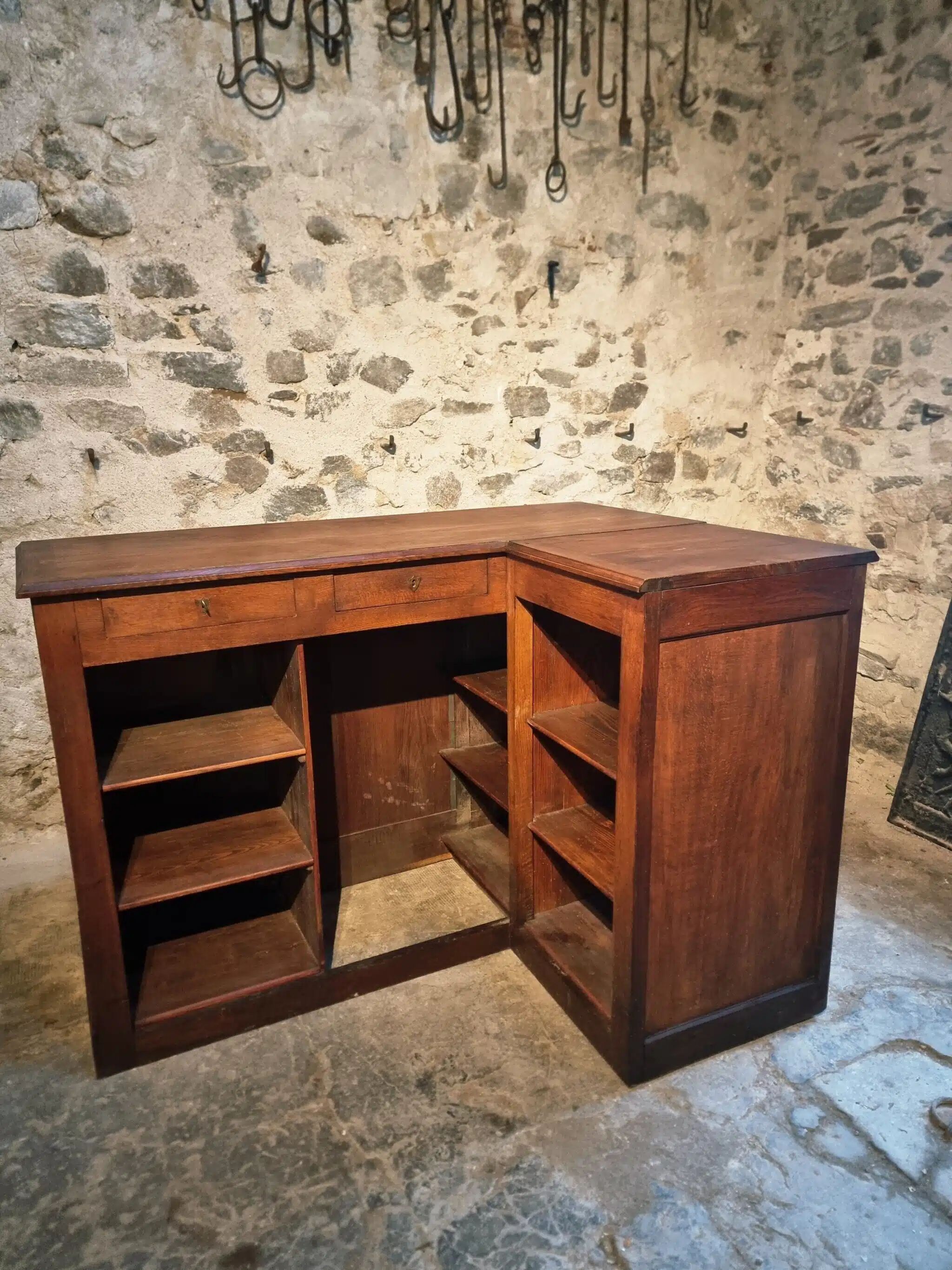 Antique French oak counter / shop counter (early 1900s)