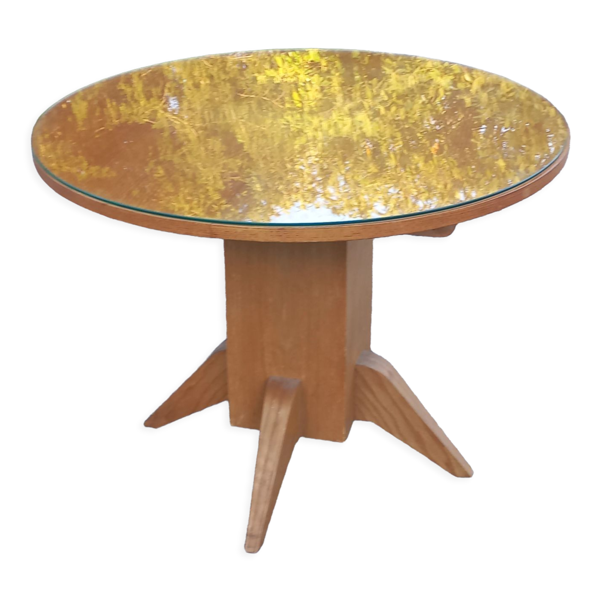 1950s round oak table, 2 heights, central quadripod leg