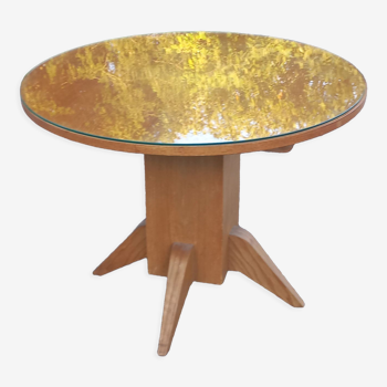 Round table of the 50s in oak 2 heights central foot quadripod