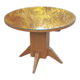 1950s round oak table, 2 heights, central quadripod leg
