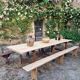 Antique French folding garden table set with benches, pine and chestnut, circa 1900–1920.