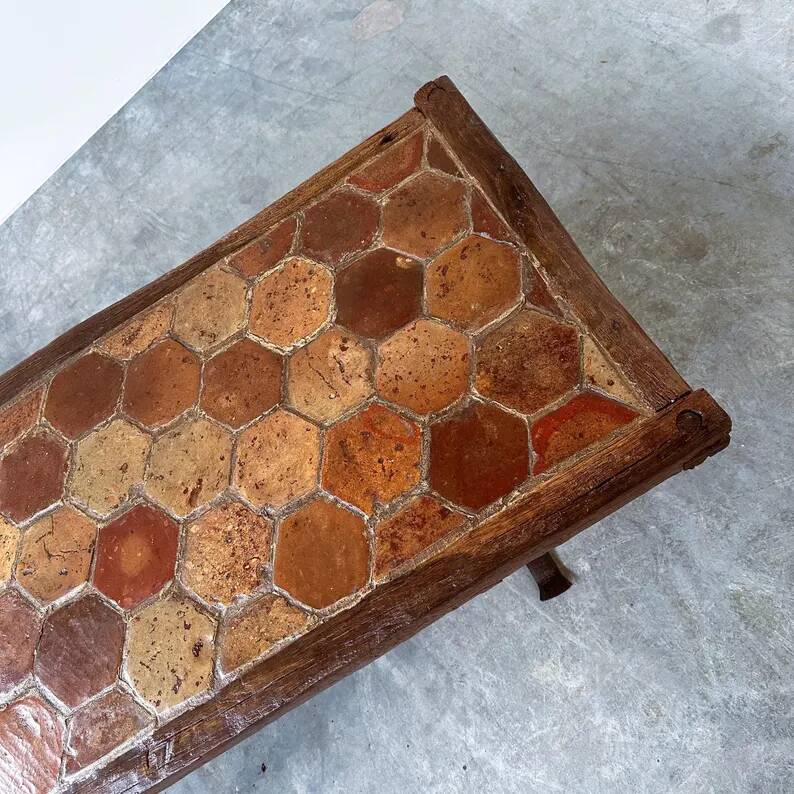 Vintage French Coffee Table in Terracotta with Oak and Iron Legs, Mid-20th Century