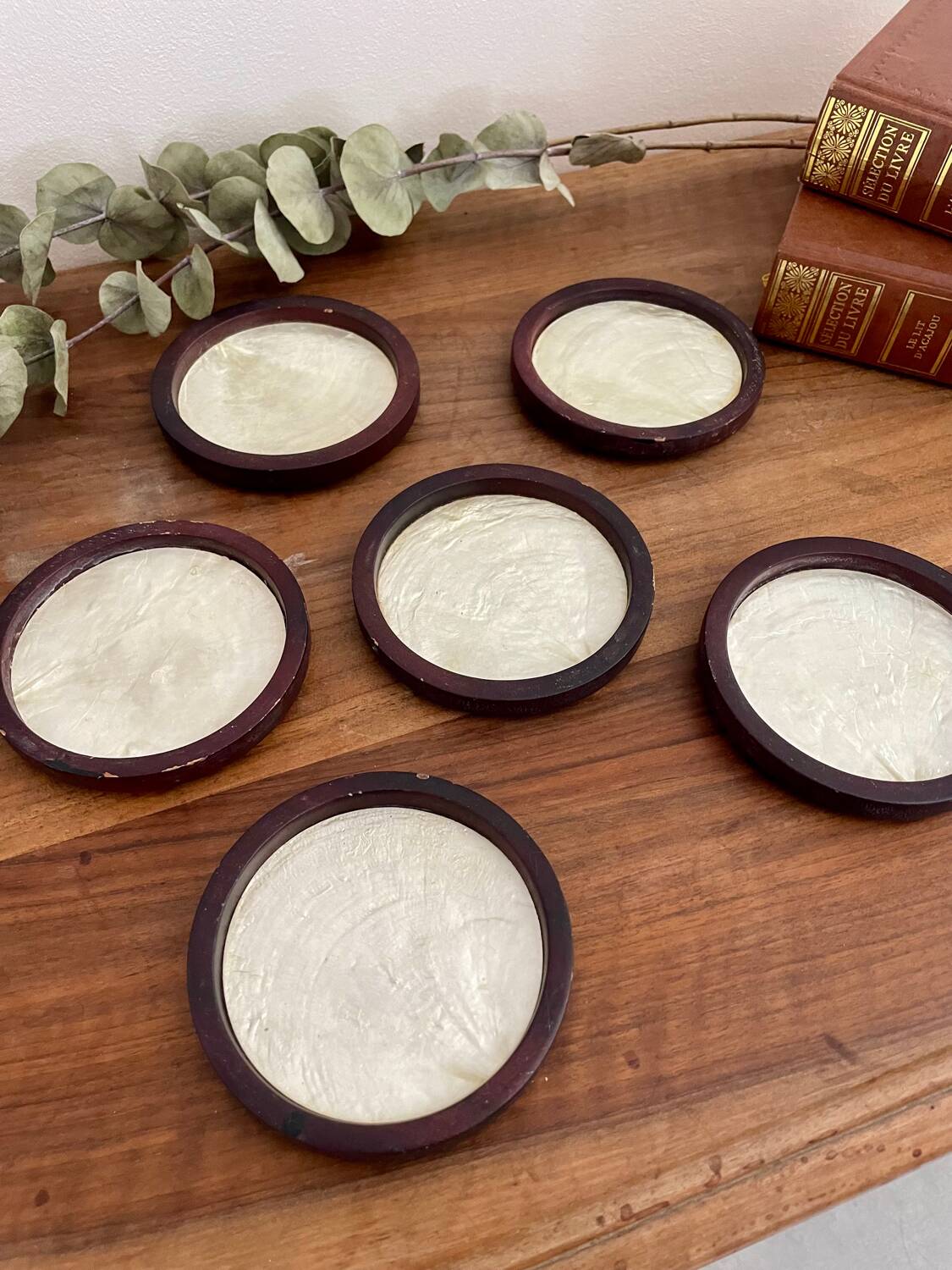 Set of 6 vintage mother-of-pearl wooden coasters