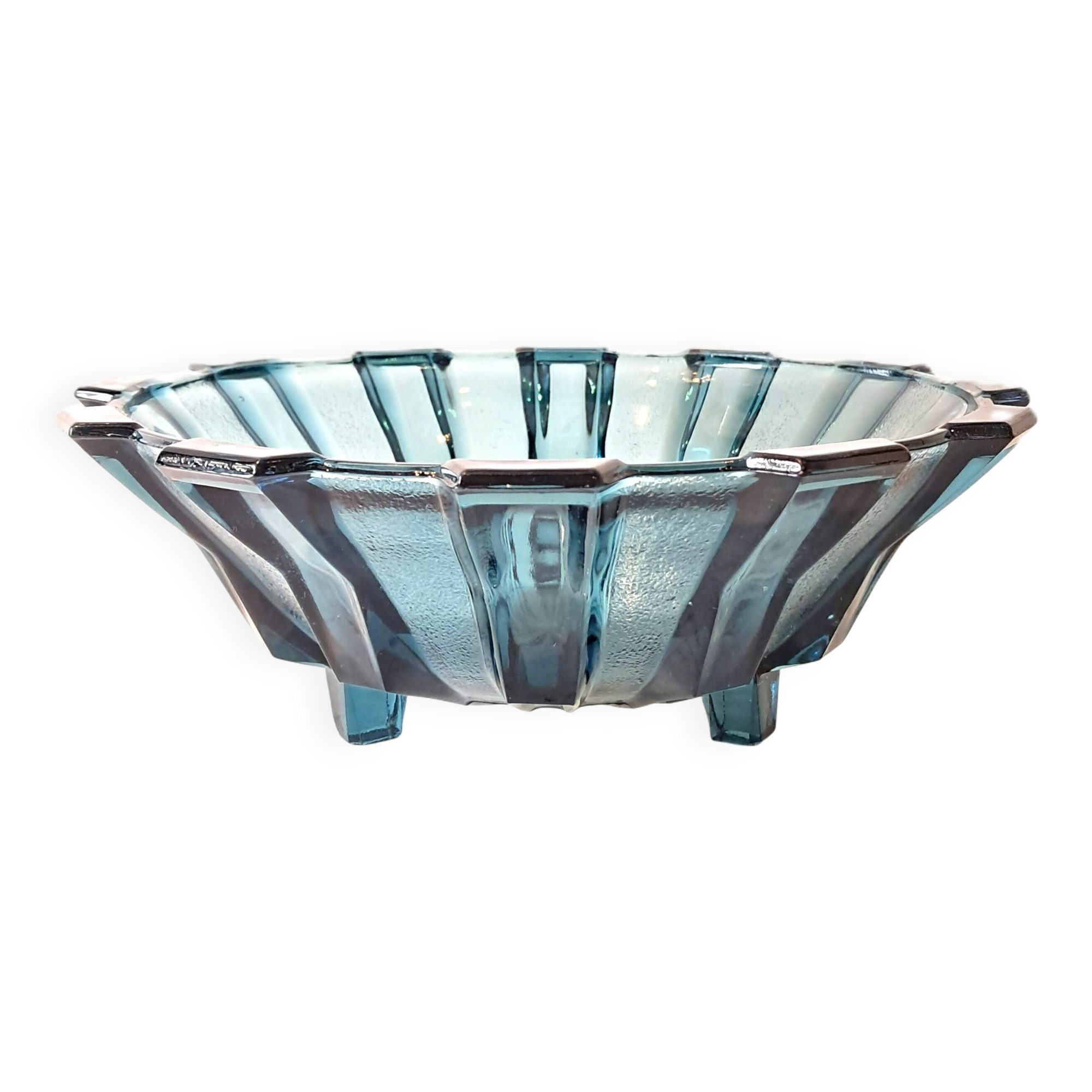 Art Deco Style Geometric Blue Glass Bowl (By Scailmont)