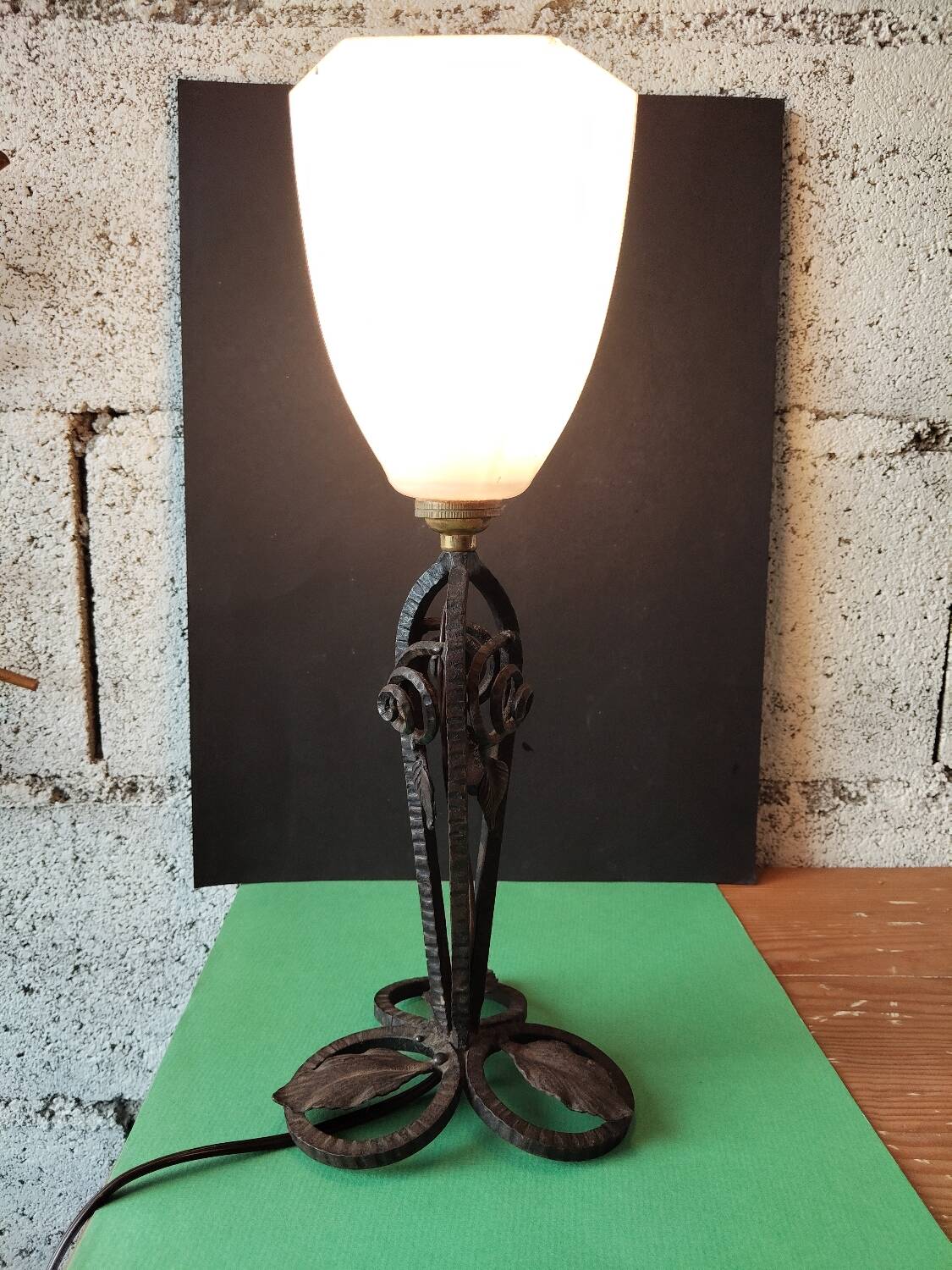 Hammered wrought iron lamp with white opaline Handmade craftsmanship