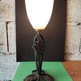 Hammered wrought iron lamp with white opaline Handmade craftsmanship