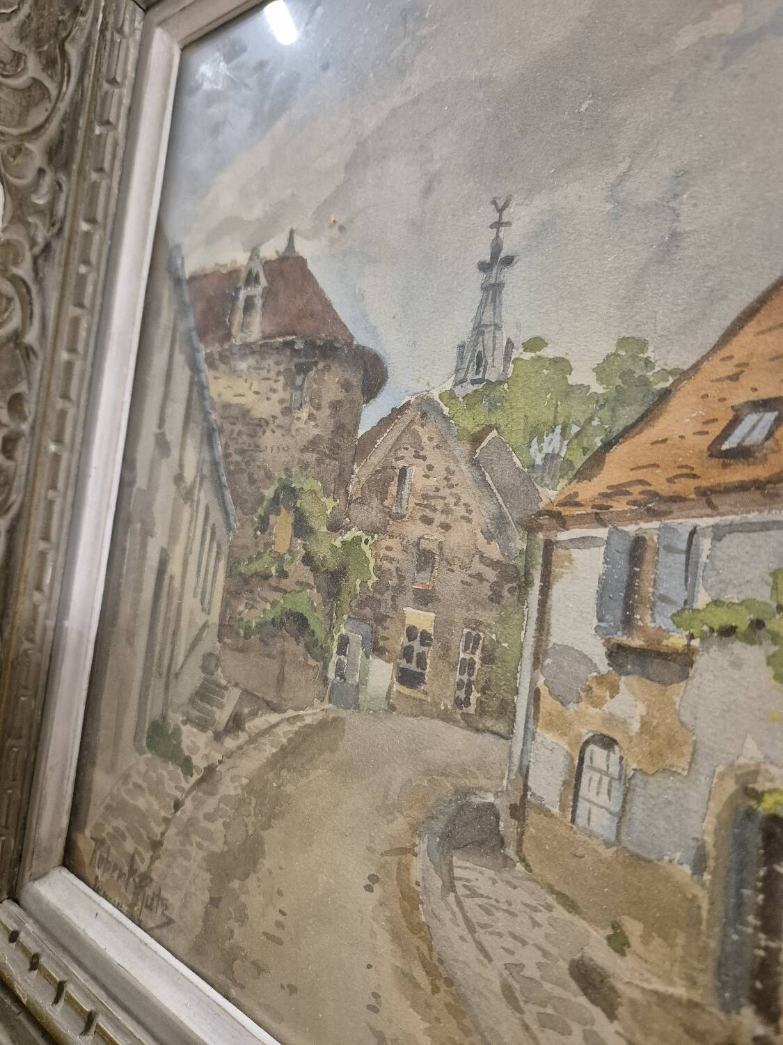 Watercolor landscape painting signed Robert Rutz original Montparnasse frame