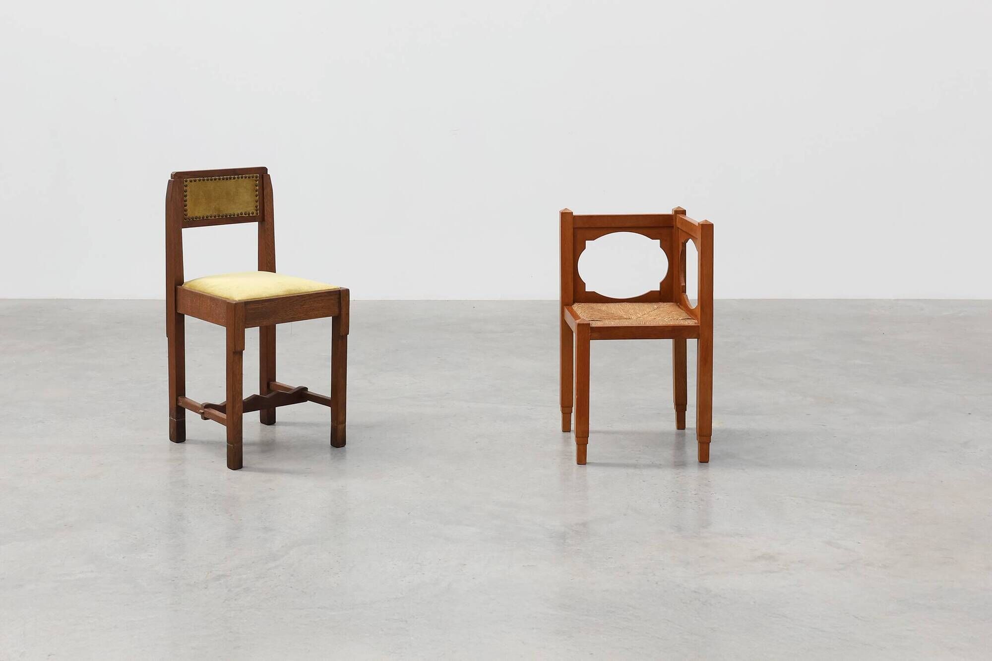 Art Deco Oak Corner Chair with Cut‑Out Backrest and Rush Seat, Belgium, cir