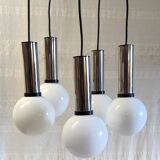 Cascade suspension with 5 chrome metal lights and opaline globes - 1970s