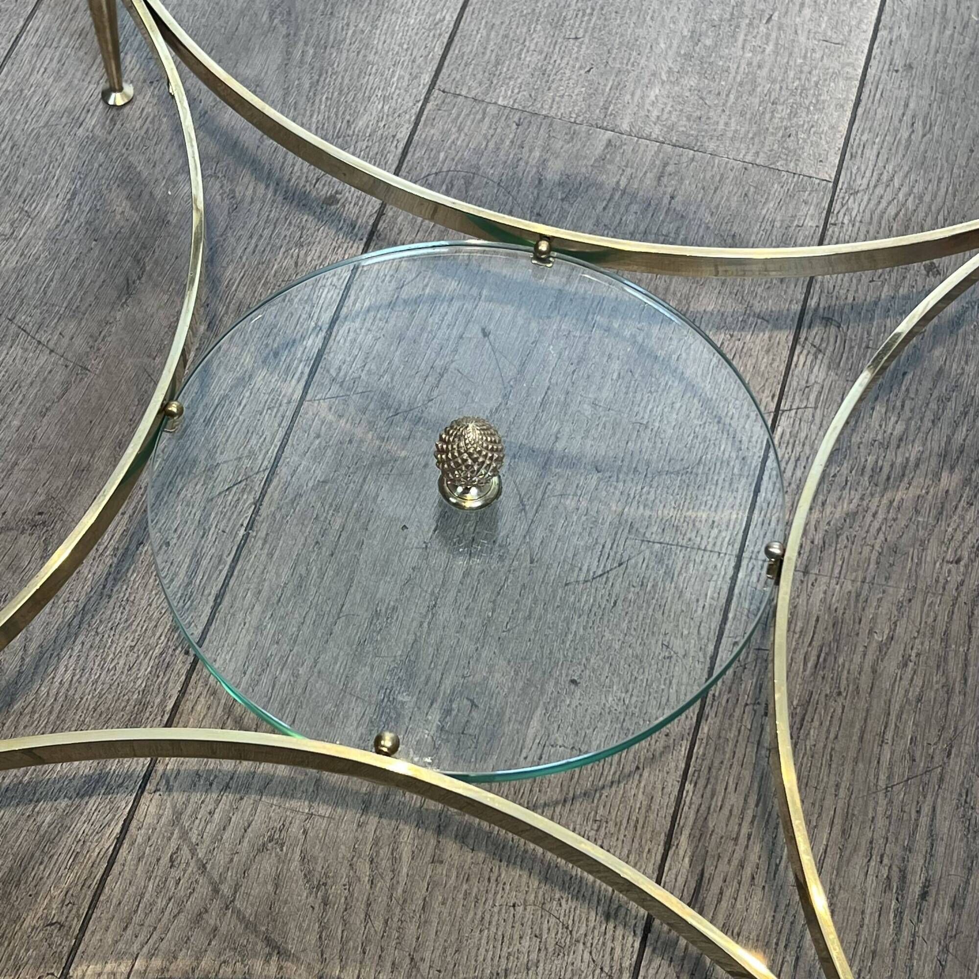 Neoclassical Round Coffee Table in Brass with Beaded Gallery. Marble Top