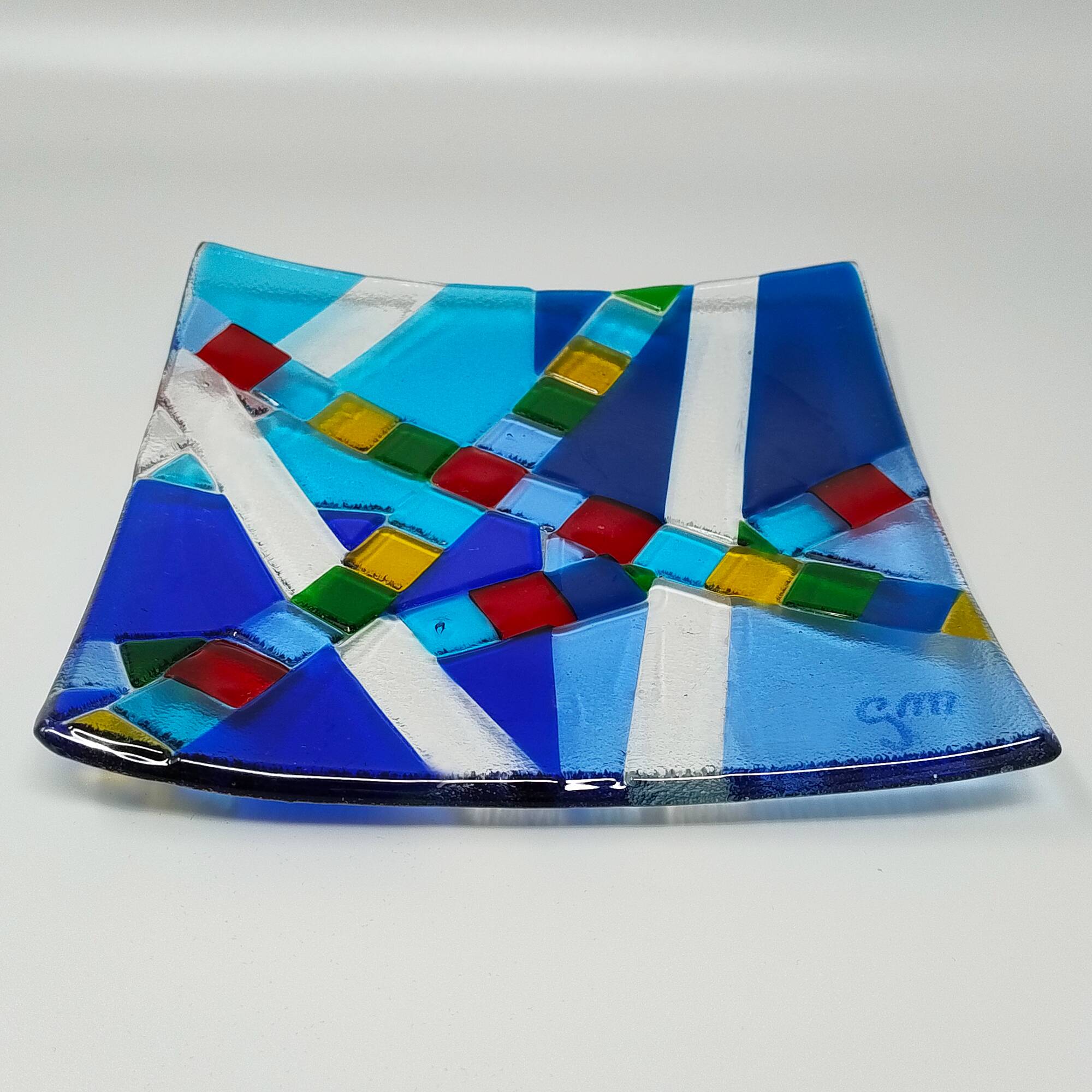 1970s id-century modern geometric Murano glass vide-poche by Albatros, signed GM