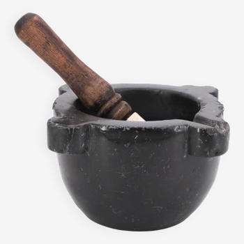 Black marble mortar and wooden and porcelain pestle, 19th century
