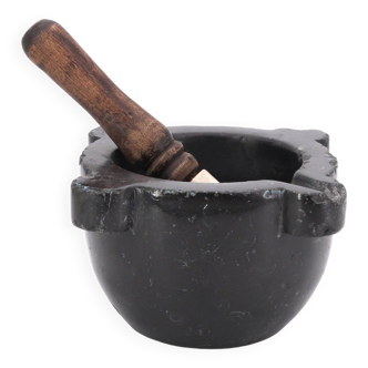 Black marble mortar and wooden and porcelain pestle, 19th century