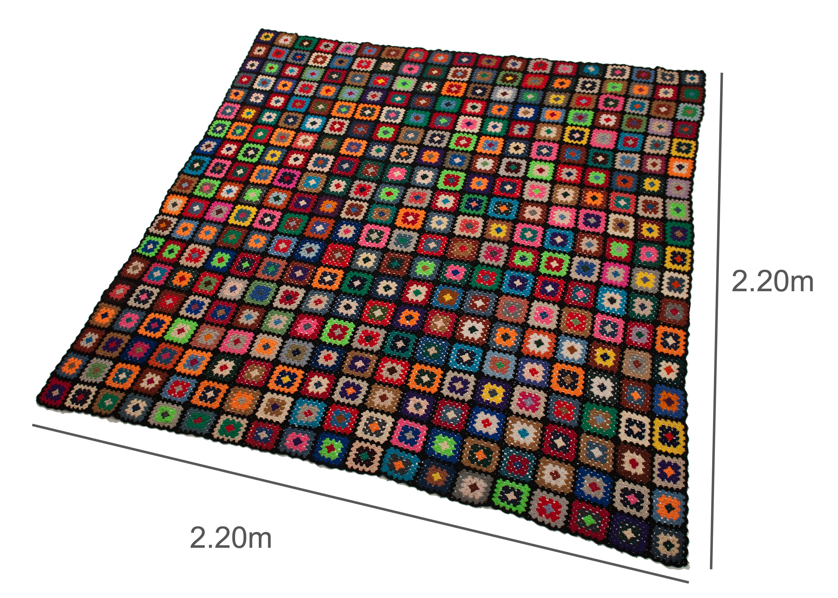 Vintage wool granny crochet plaid blanket 2.2 x 2.2m
