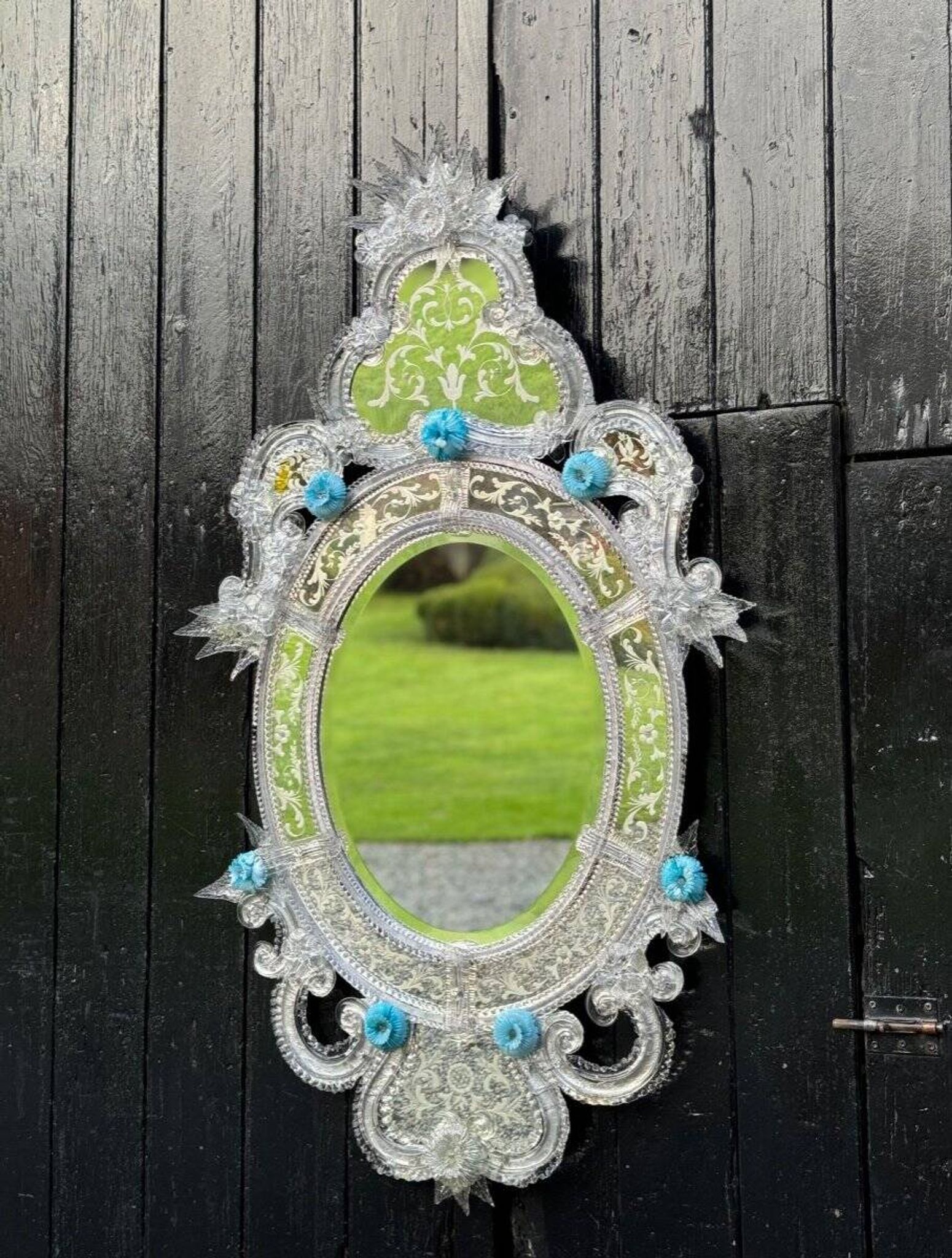 Miroir Vénitien En Verre De Murano Incolore Et Bleu