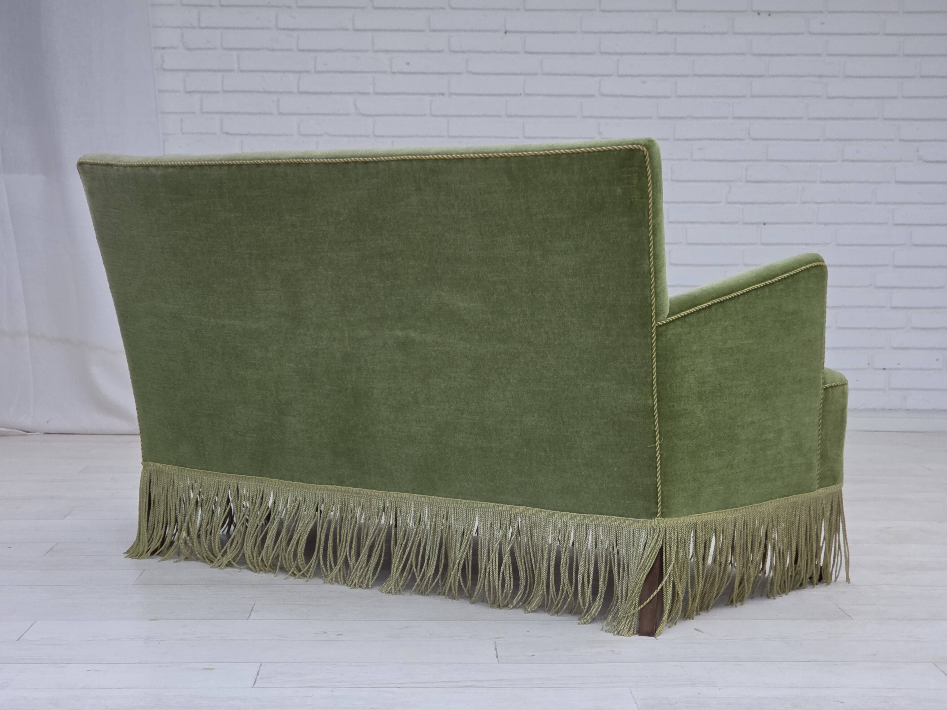 1970s, Danish 2-seater sofa, green furniture velour, beech wood legs.