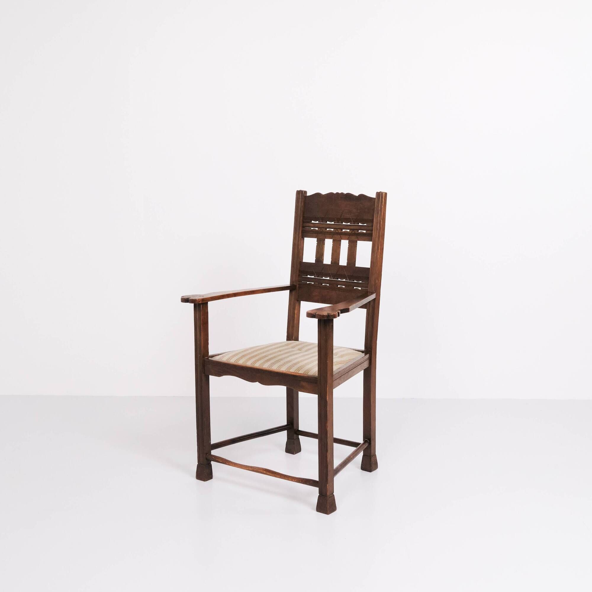 Antique armchair - oak - striped upholstery - 1930s