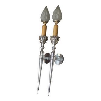 Large pair of silver-plated wall lights with flame globes, torches.