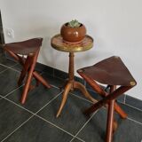Set of teak and leather tripod stools