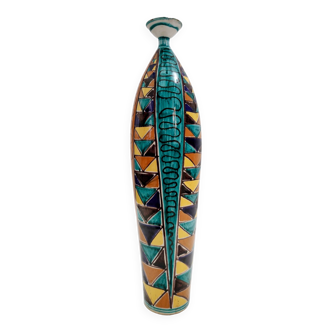 Vase vintage en céramique laquée multicolore à motifs géométriques, italie