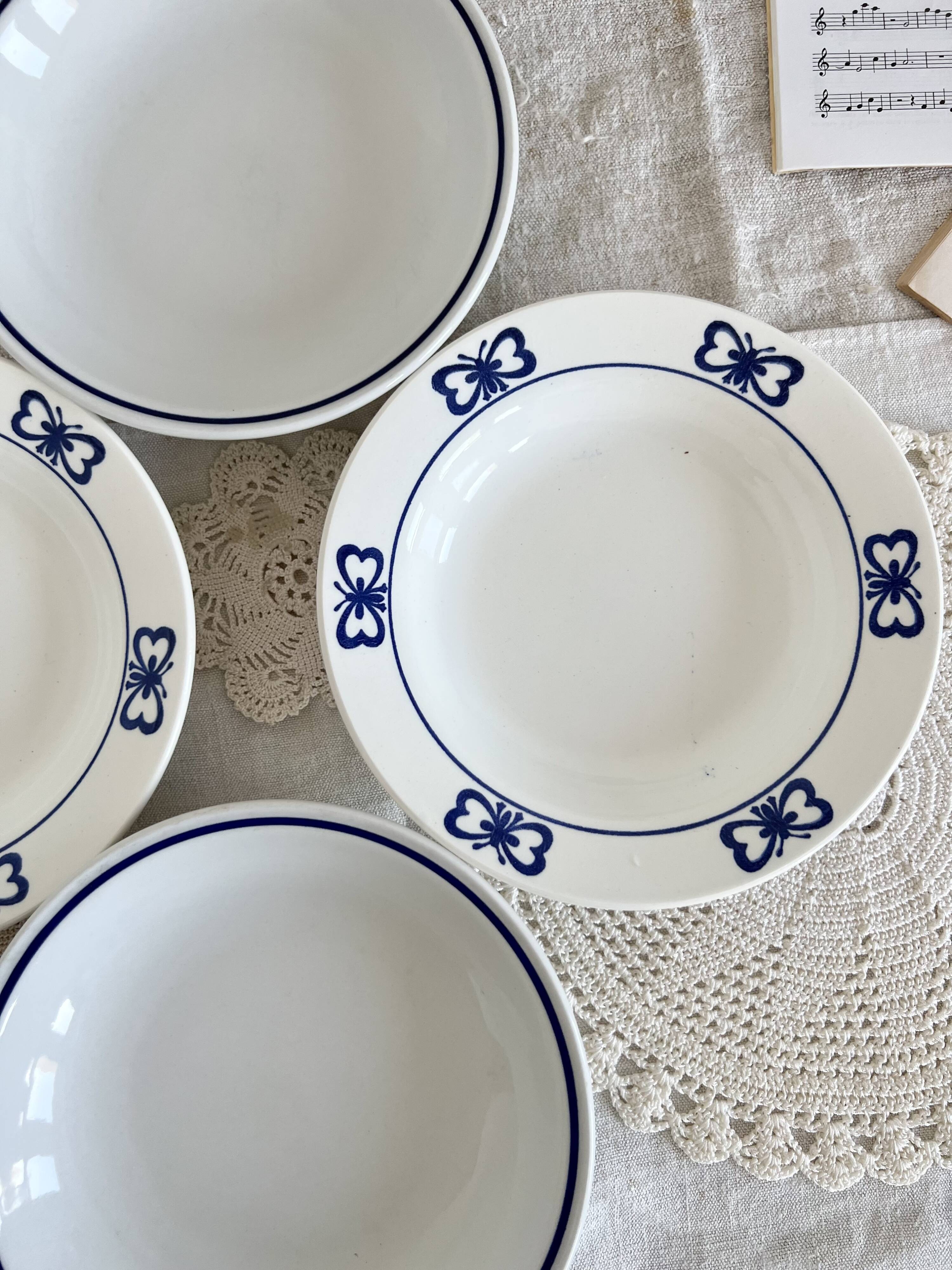 4 vintage mismatched deep plates blue white porcelain bistro butterflies