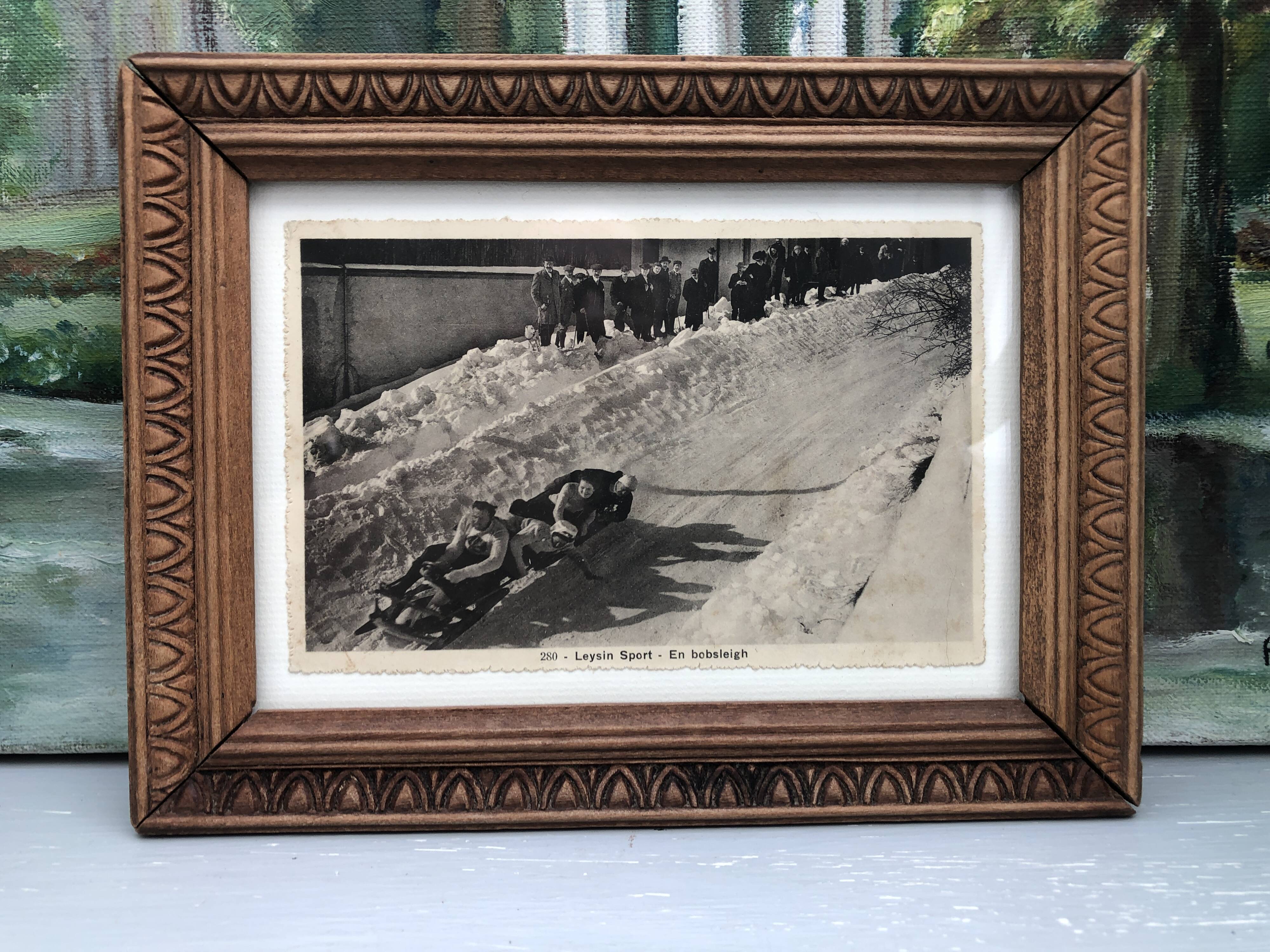 Carved wooden frame and old image "Bobsleigh in Leysin"