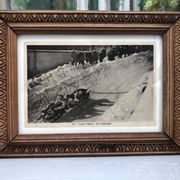 Cadre en bois sculpté et image ancienne « Bobsleigh à Leysin »