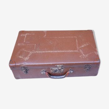 Valise vintage marron en carton années 40 poignée métal