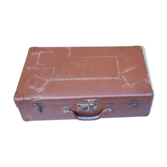 Valise vintage marron en carton années 40 poignée métal