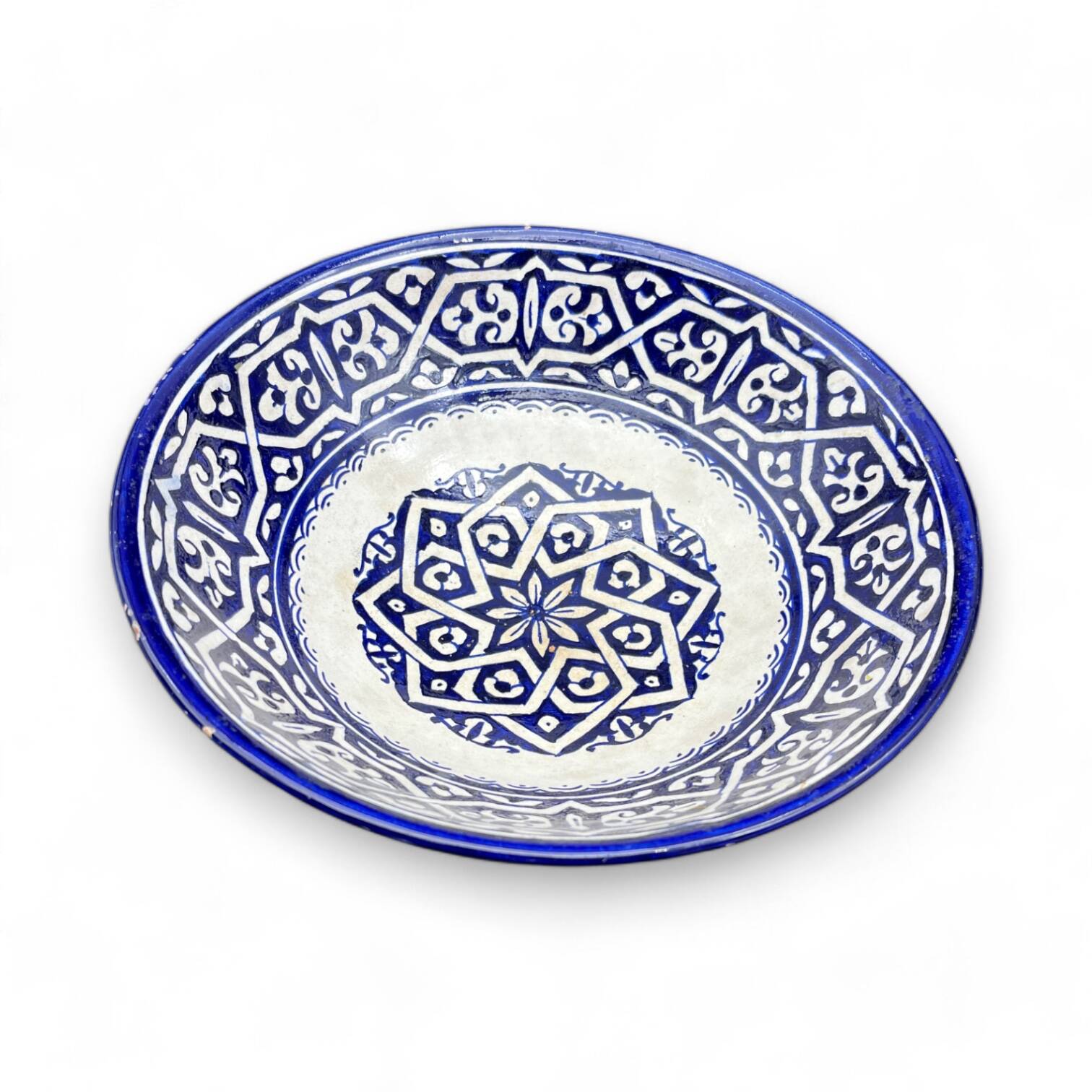 Moroccan ceramic handcrafted flat salad bowl from the city of Fez in Morocco