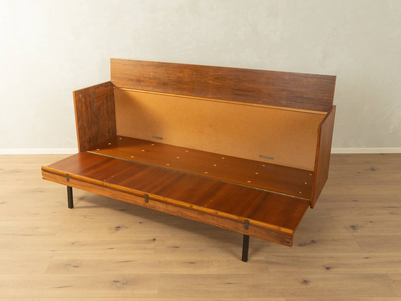 Unique folding bed from the 1960s, walnut veneer, black steel legs