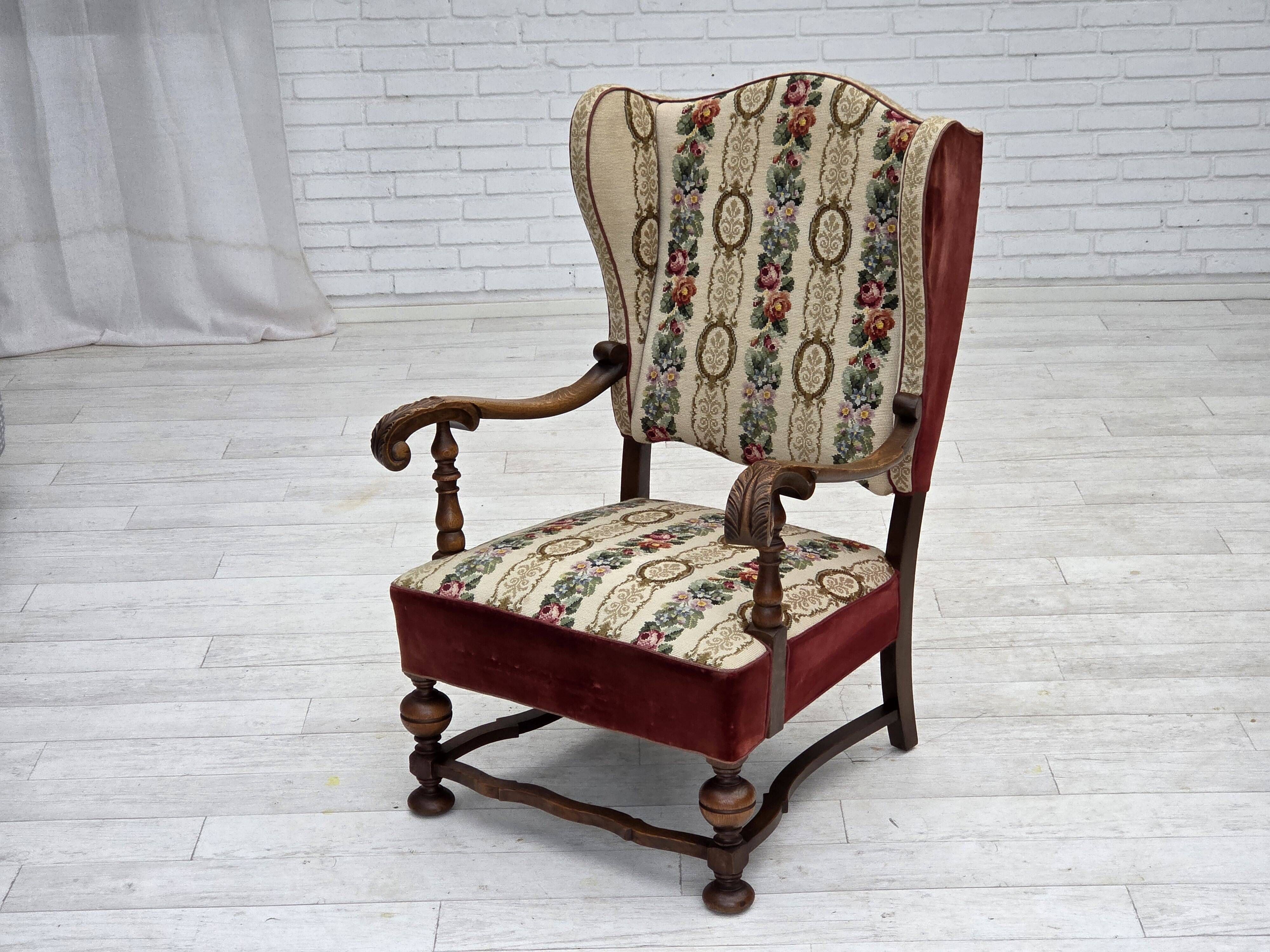 1950s, Danish wingback armchair, wool fabric, red furniture velour.