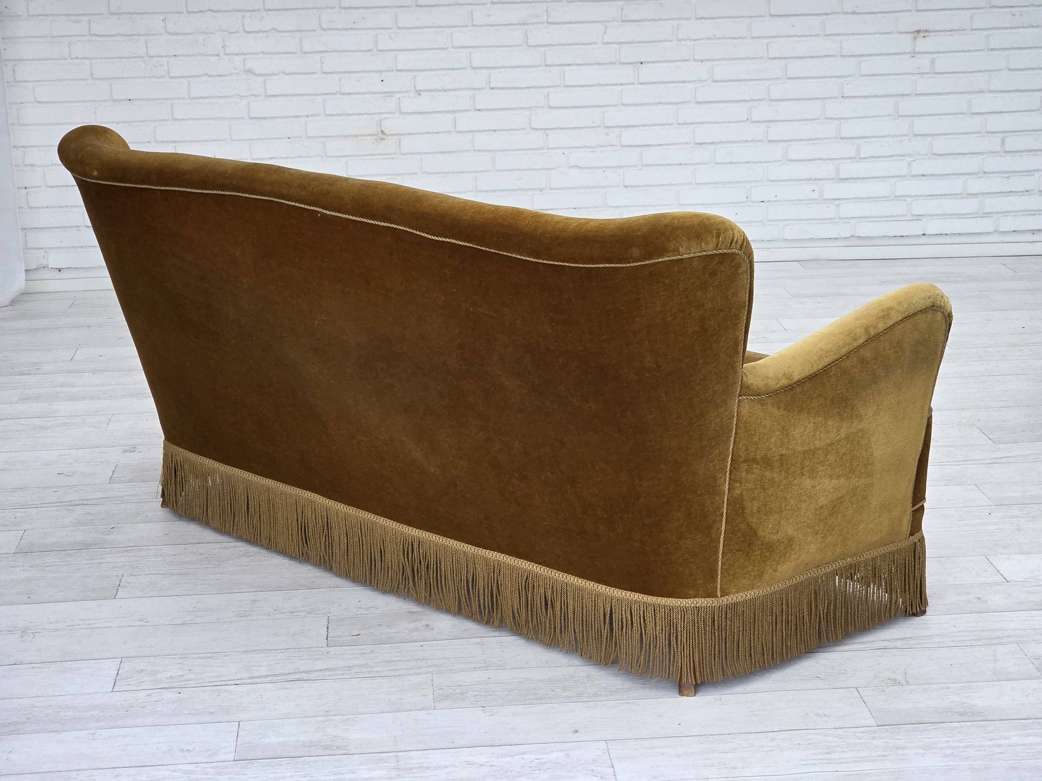 1960s, Danish 3-seater sofa, honey-yellow furniture velour, beech wood.