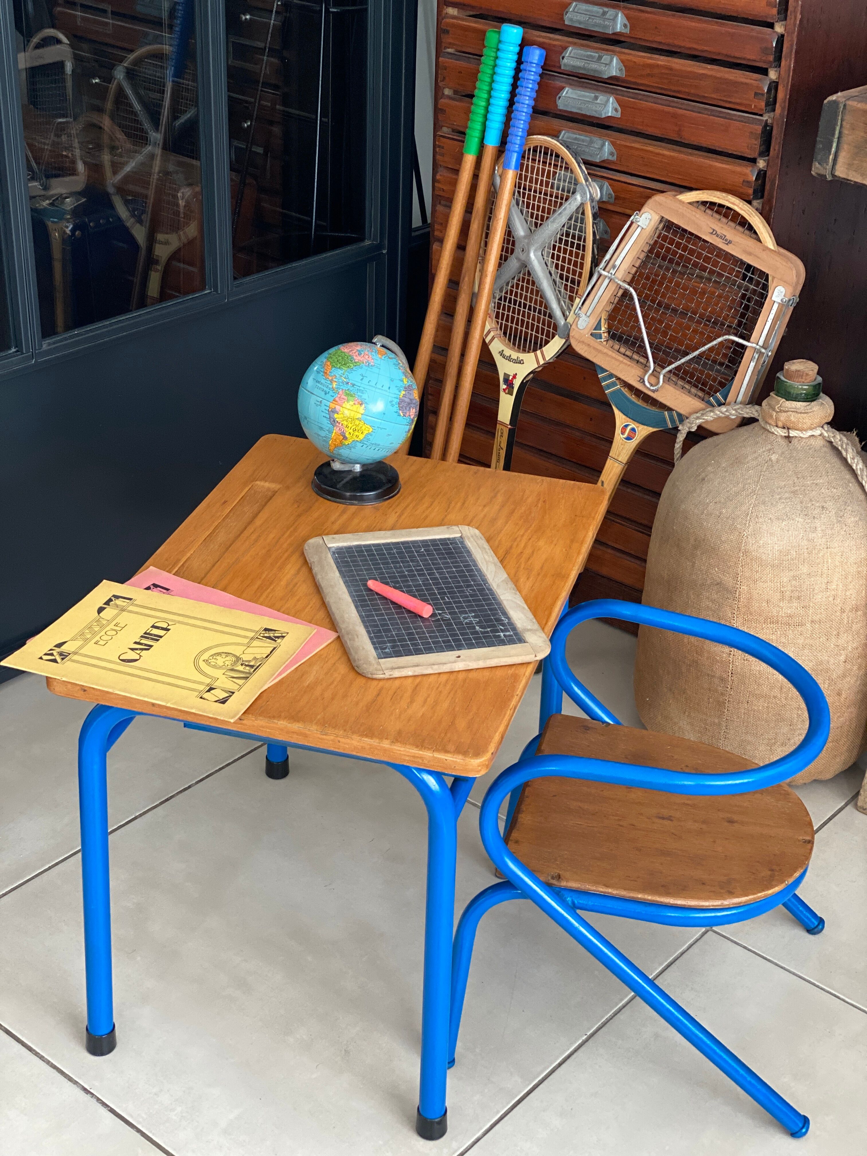 Blue desk and school chair set  design Jacques Hitier